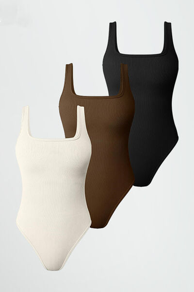 Ribbed Square Neck Sleeveless Active Bodysuit