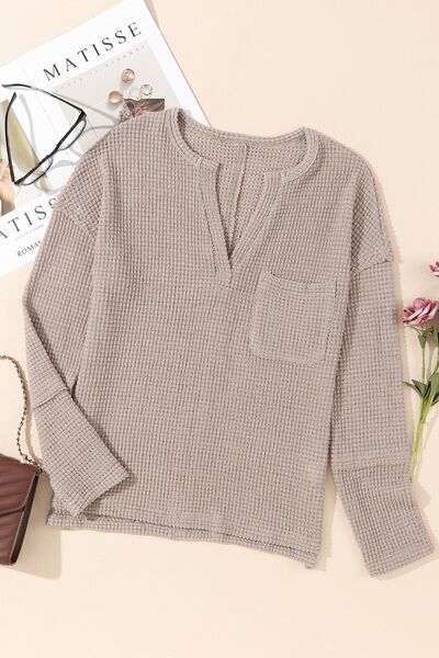 Waffle-Knit Notched Dropped Shoulder Blouse