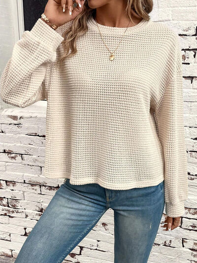 Waffle-Knit Round Neck Long Sleeve T-Shirt