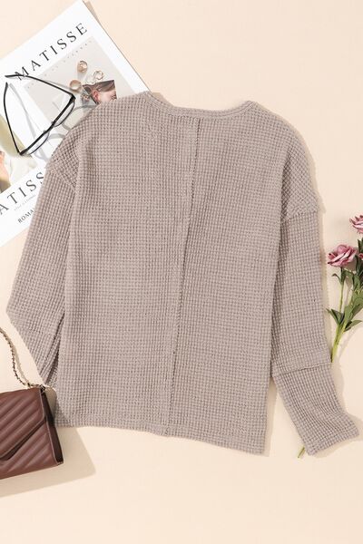 Waffle-Knit Notched Dropped Shoulder Blouse