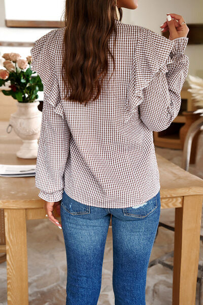 Plaid Notched Flounce Sleeve Shirt