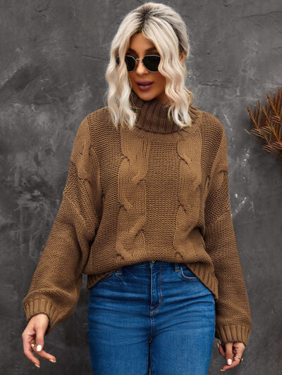 Cable-Knit Turtleneck Dropped Shoulder Sweater