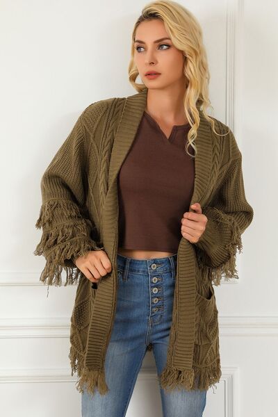 Cable-Knit Fringe Pocketed Cardigan