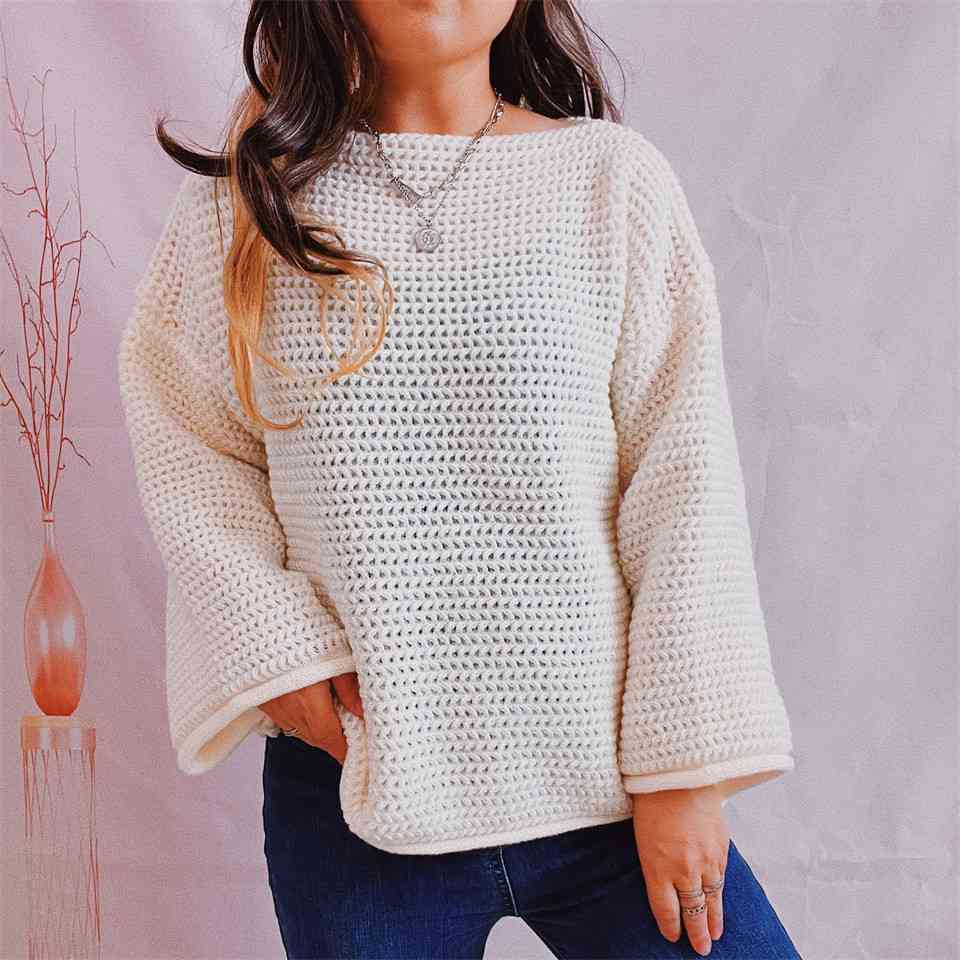 Openwork Boat Neck Long Sleeve Sweater