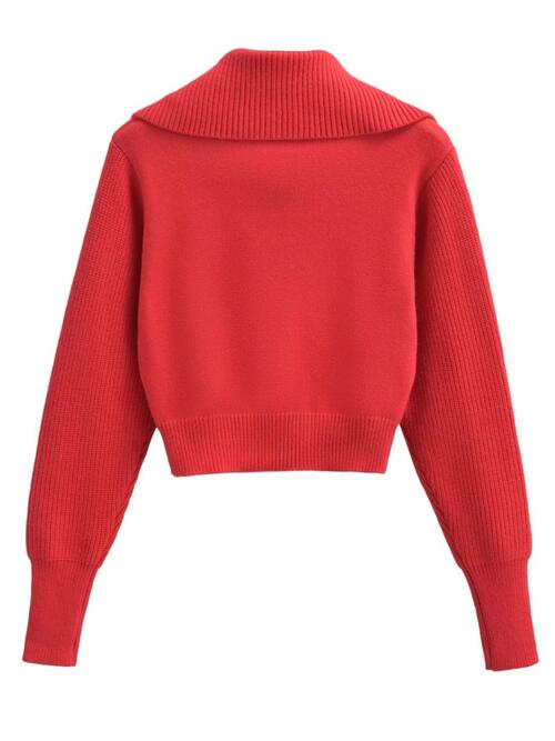 Half Zip Ribbed Collared Neck Knit Top