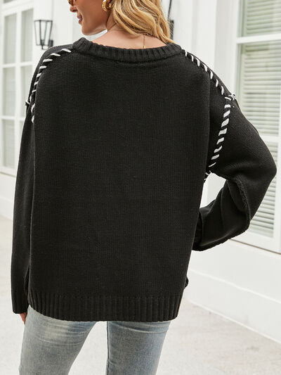 Contrast Round Neck Drop Shoulder Knit Top