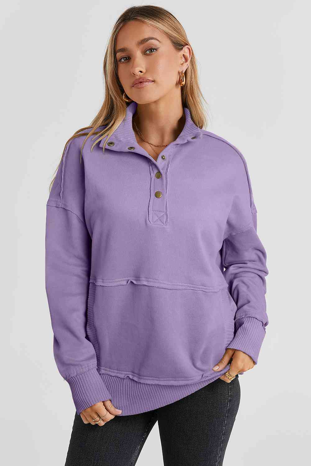 Half Snap Drop Shoulder Long Sleeve Sweatshirt