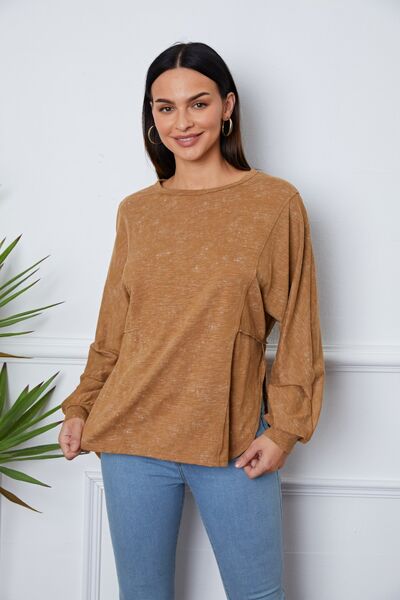 Vintage Wash Exposed Seam Round Neck Slit Sweatshirt