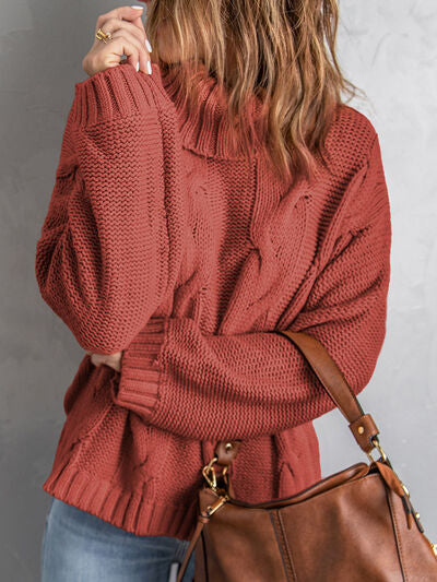 Cable-Knit Turtleneck Dropped Shoulder Sweater